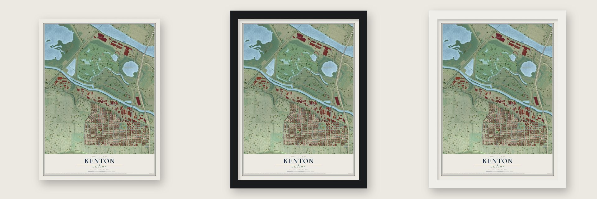 Kenton, Oregon map unframed, in a black wood frame and in a white wood frame