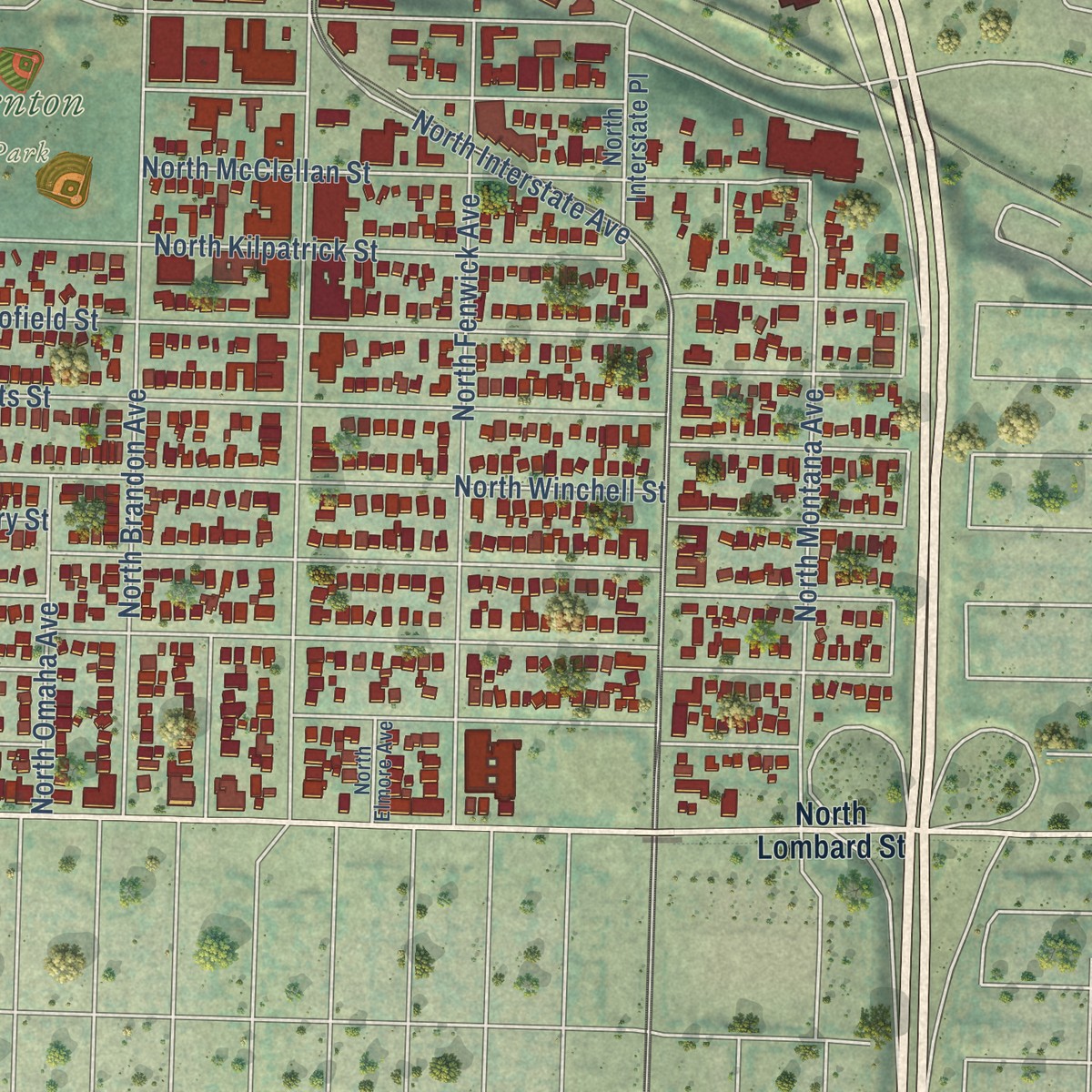 Second close-up of the map of Kenton, Oregon print showing more streets and buildings