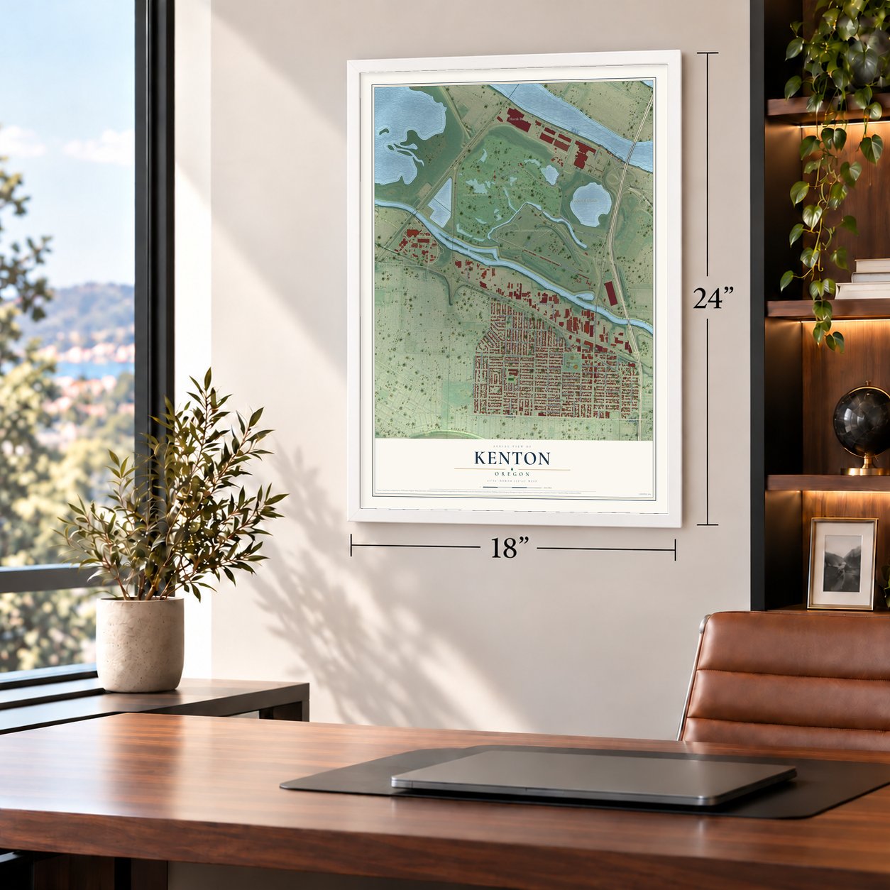 Kenton, Oregon map, 18 x 24 inch print in a white frame in a home office