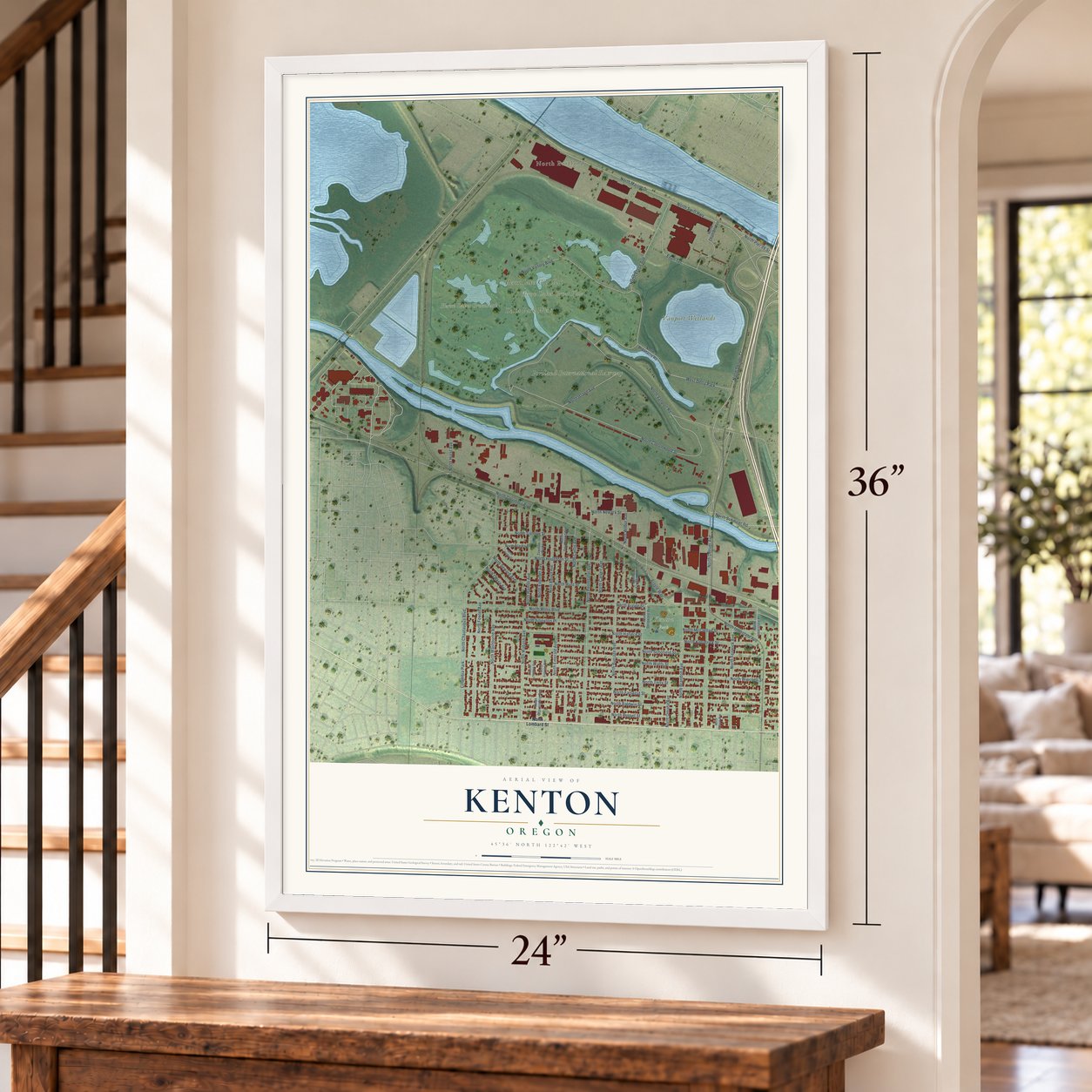 Kenton, Oregon map, 24 x 36 inch print in a white frame by a staircase
