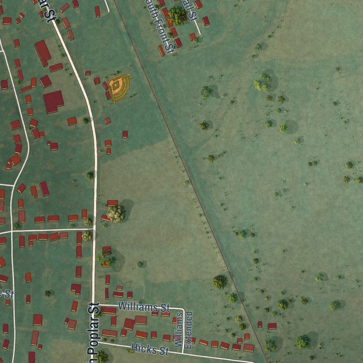 Second close-up of the map of Kenton, Tennessee print showing more streets and buildings