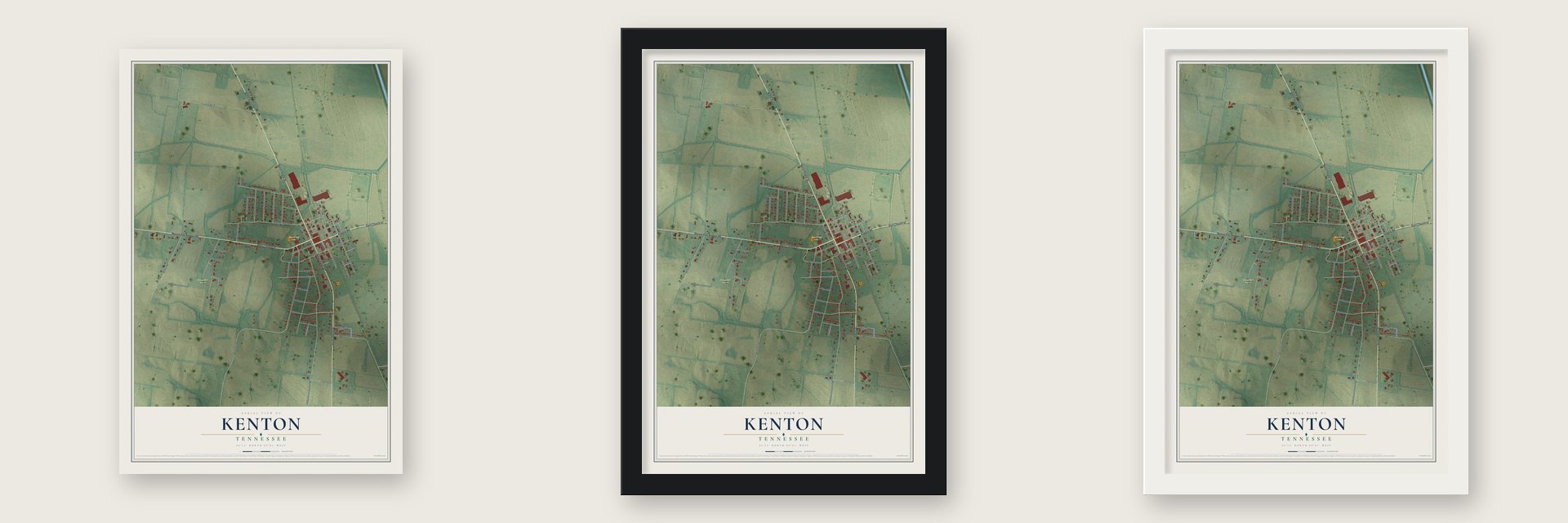 Kenton, Tennessee map unframed, in a black wood frame and in a white wood frame