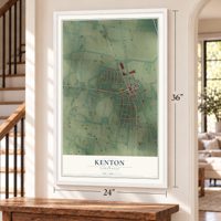 Kenton, Tennessee map, 24 x 36 inch print in a white frame by a staircase