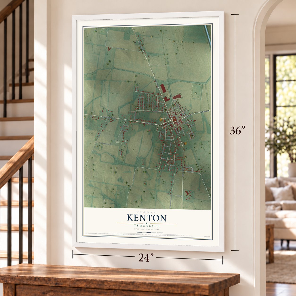 Kenton, Tennessee map, 24 x 36 inch print in a white frame by a staircase