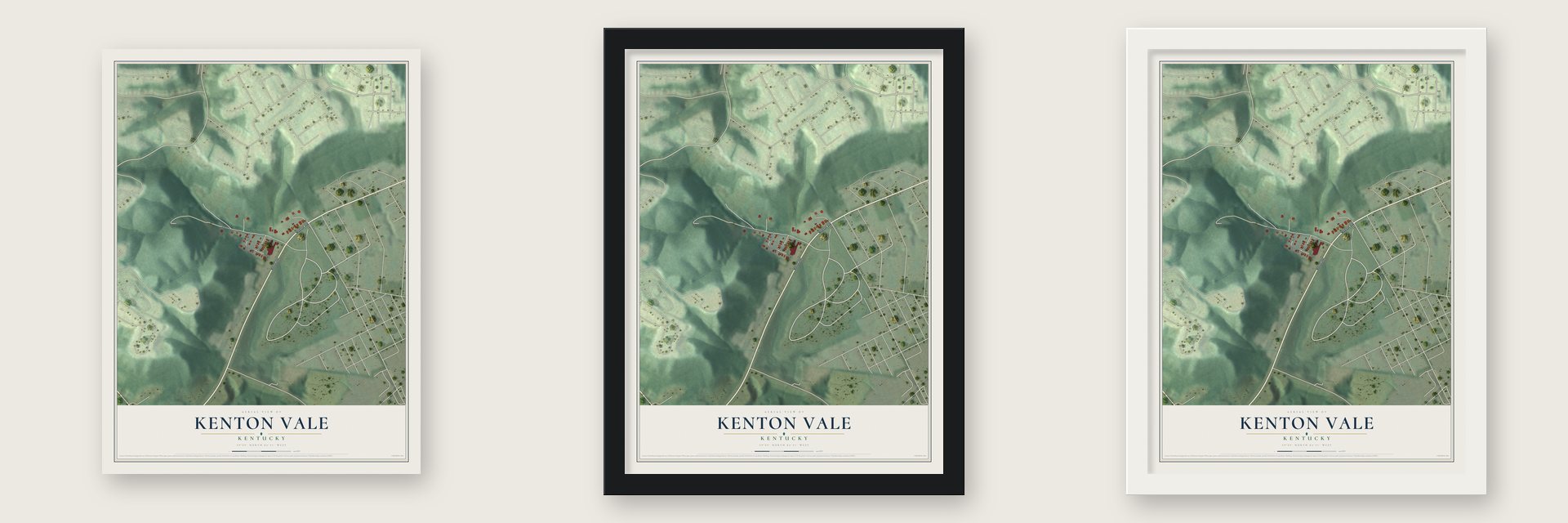 Kenton Vale, Kentucky map unframed, in a black wood frame and in a white wood frame