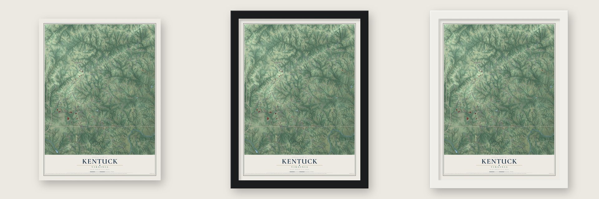 Kentuck, Virginia map unframed, in a black wood frame and in a white wood frame