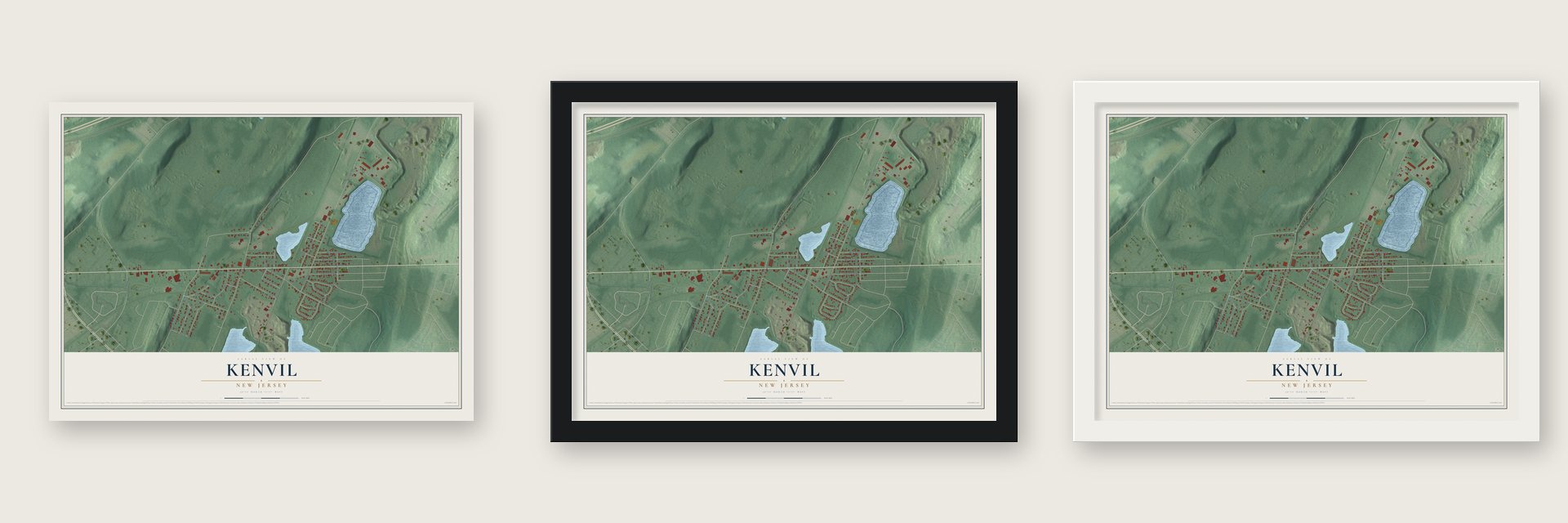 Kenvil, New Jersey map unframed, in a black wood frame and in a white wood frame