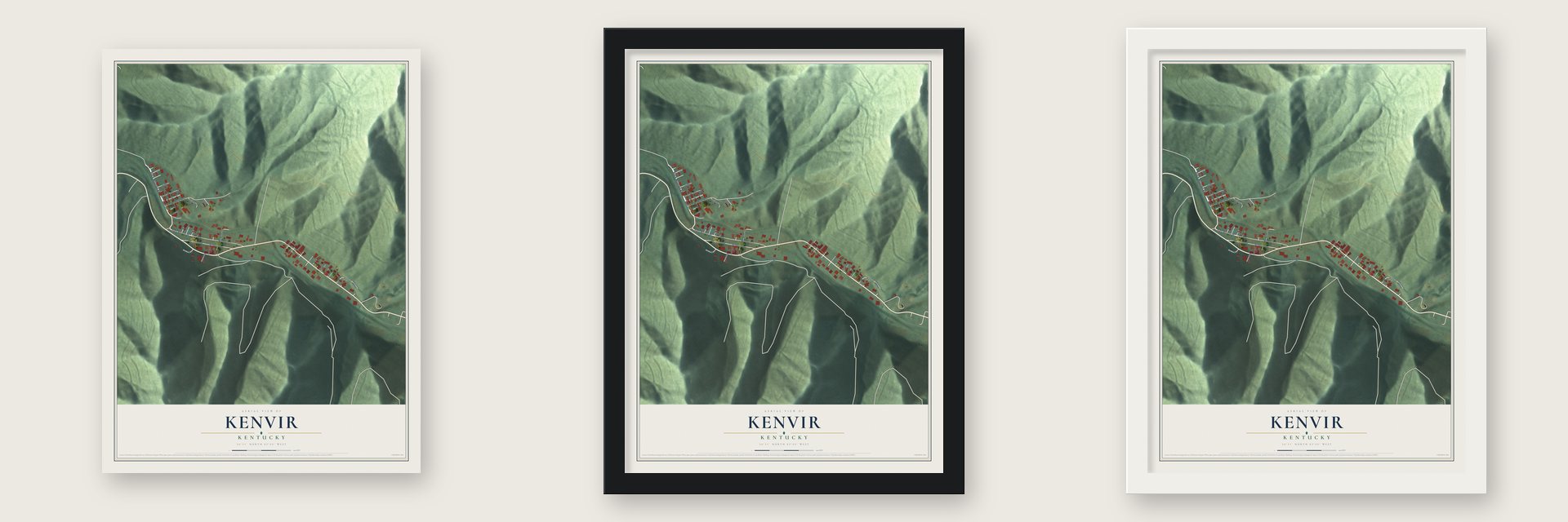 Kenvir, Kentucky map unframed, in a black wood frame and in a white wood frame