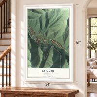 Kenvir, Kentucky map, 24 x 36 inch print in a white frame by a staircase