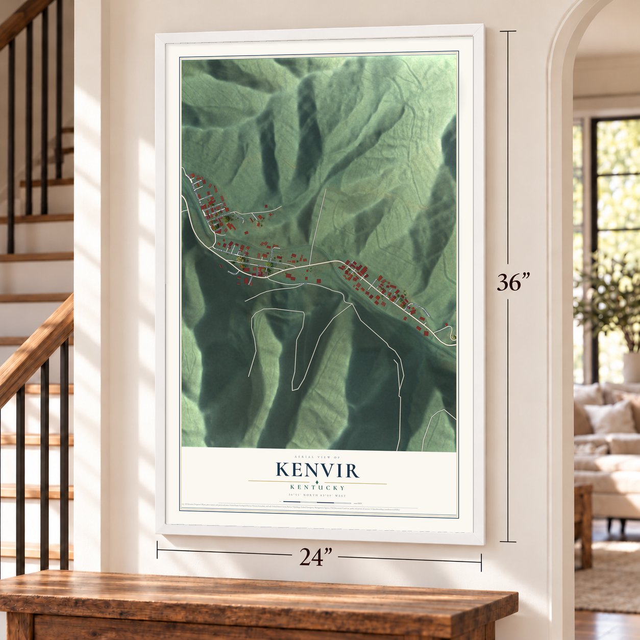 Kenvir, Kentucky map, 24 x 36 inch print in a white frame by a staircase