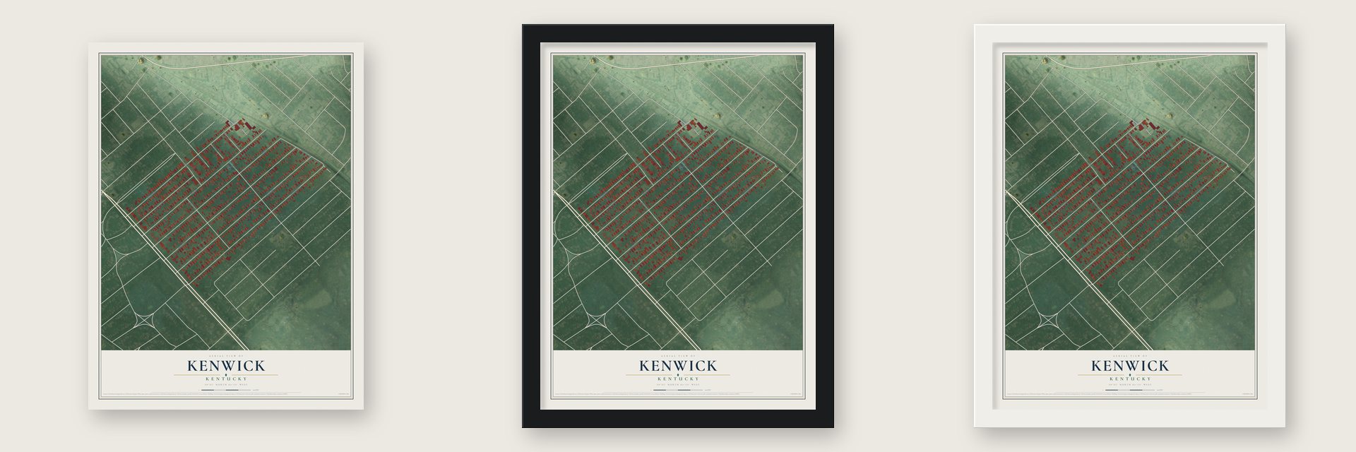 Kenwick, Kentucky map unframed, in a black wood frame and in a white wood frame