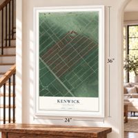Kenwick, Kentucky map, 24 x 36 inch print in a white frame by a staircase