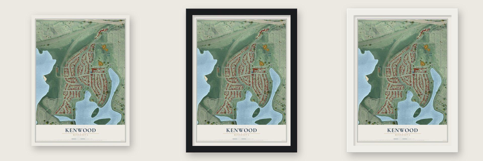 Kenwood, Minnesota map unframed, in a black wood frame and in a white wood frame