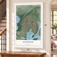 Kenwood, Minnesota map, 24 x 36 inch print in a white frame by a staircase