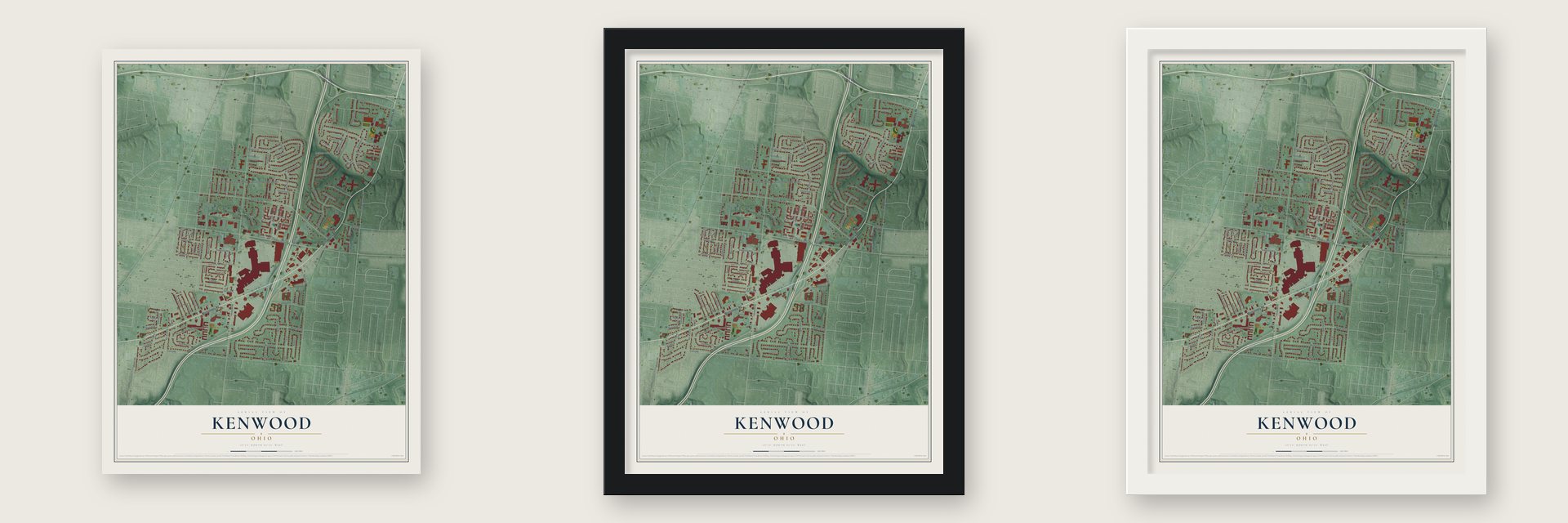 Kenwood, Ohio map unframed, in a black wood frame and in a white wood frame