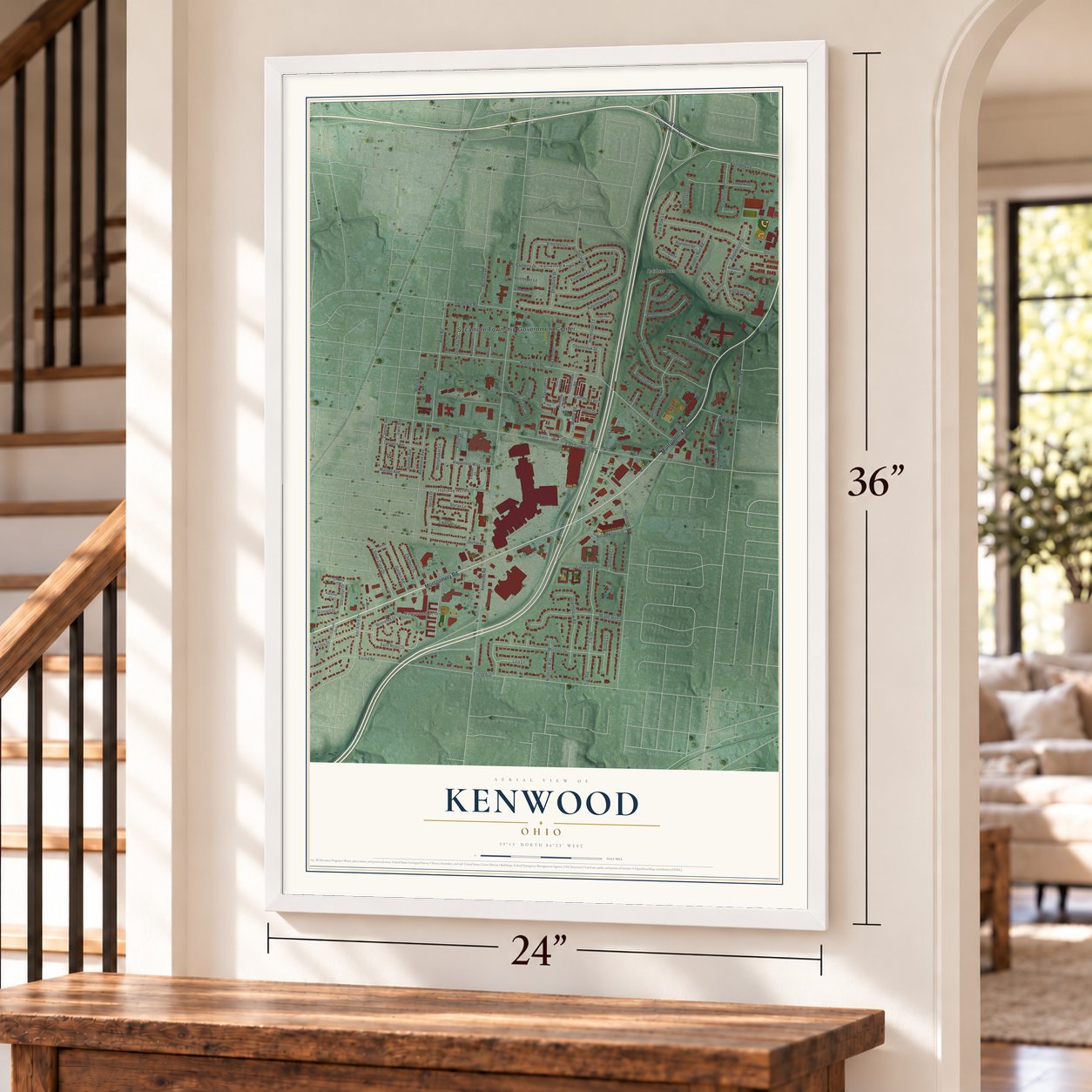 Kenwood, Ohio map, 24 x 36 inch print in a white frame by a staircase