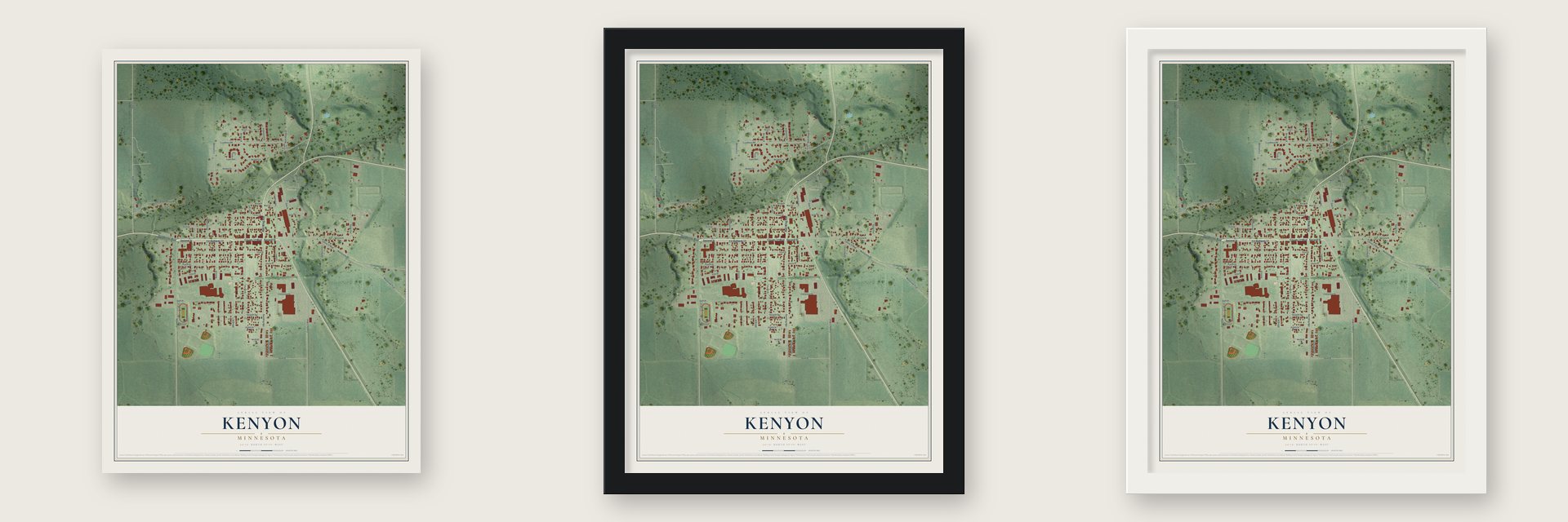 Kenyon, Minnesota map unframed, in a black wood frame and in a white wood frame
