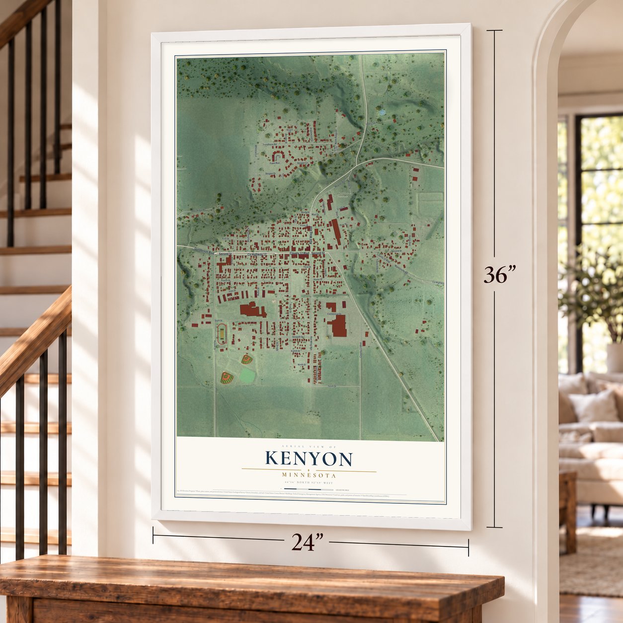 Kenyon, Minnesota map, 24 x 36 inch print in a white frame by a staircase
