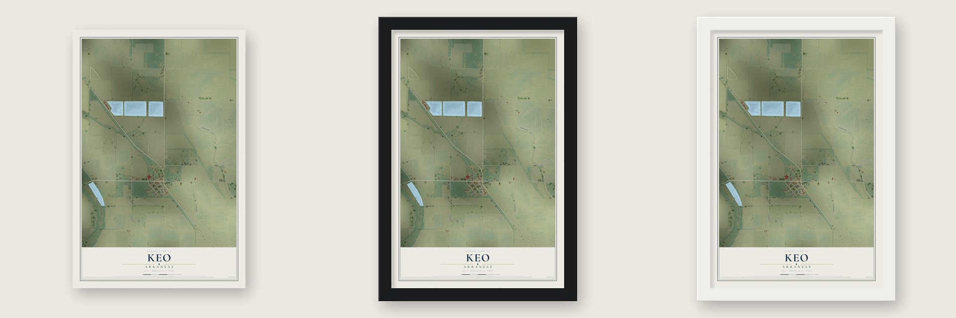 Keo, Arkansas map unframed, in a black wood frame and in a white wood frame