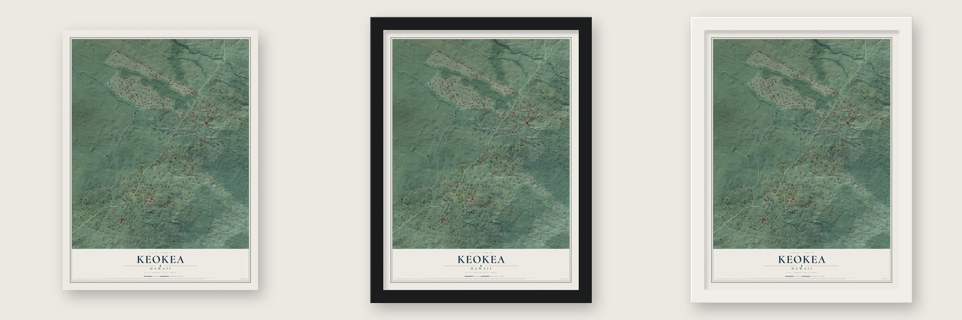 Keokea, Hawaii map unframed, in a black wood frame and in a white wood frame