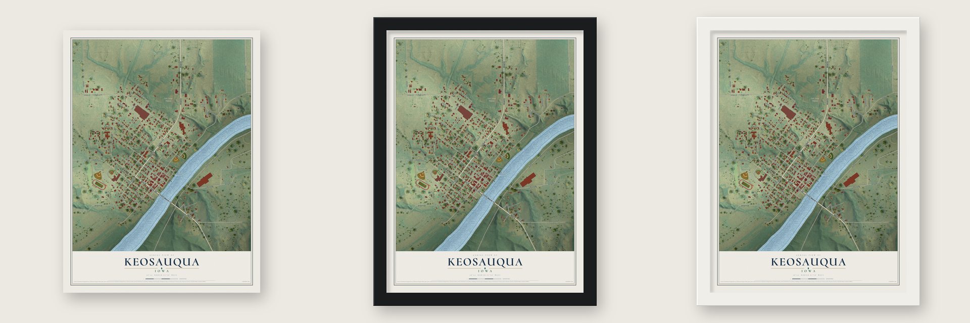 Keosauqua, Iowa map unframed, in a black wood frame and in a white wood frame