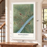 Keosauqua, Iowa map, 24 x 36 inch print in a white frame by a staircase
