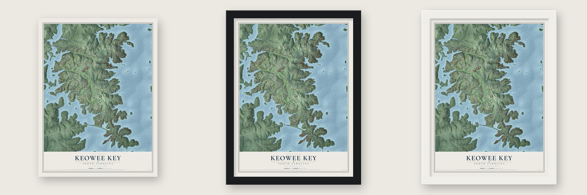Keowee Key, South Carolina map unframed, in a black wood frame and in a white wood frame