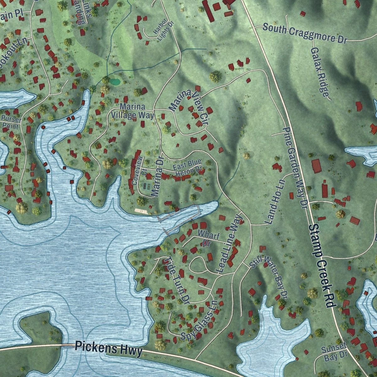 Second close-up of the map of Keowee Key, South Carolina print showing more streets and buildings