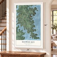 Keowee Key, South Carolina map, 24 x 36 inch print in a white frame by a staircase