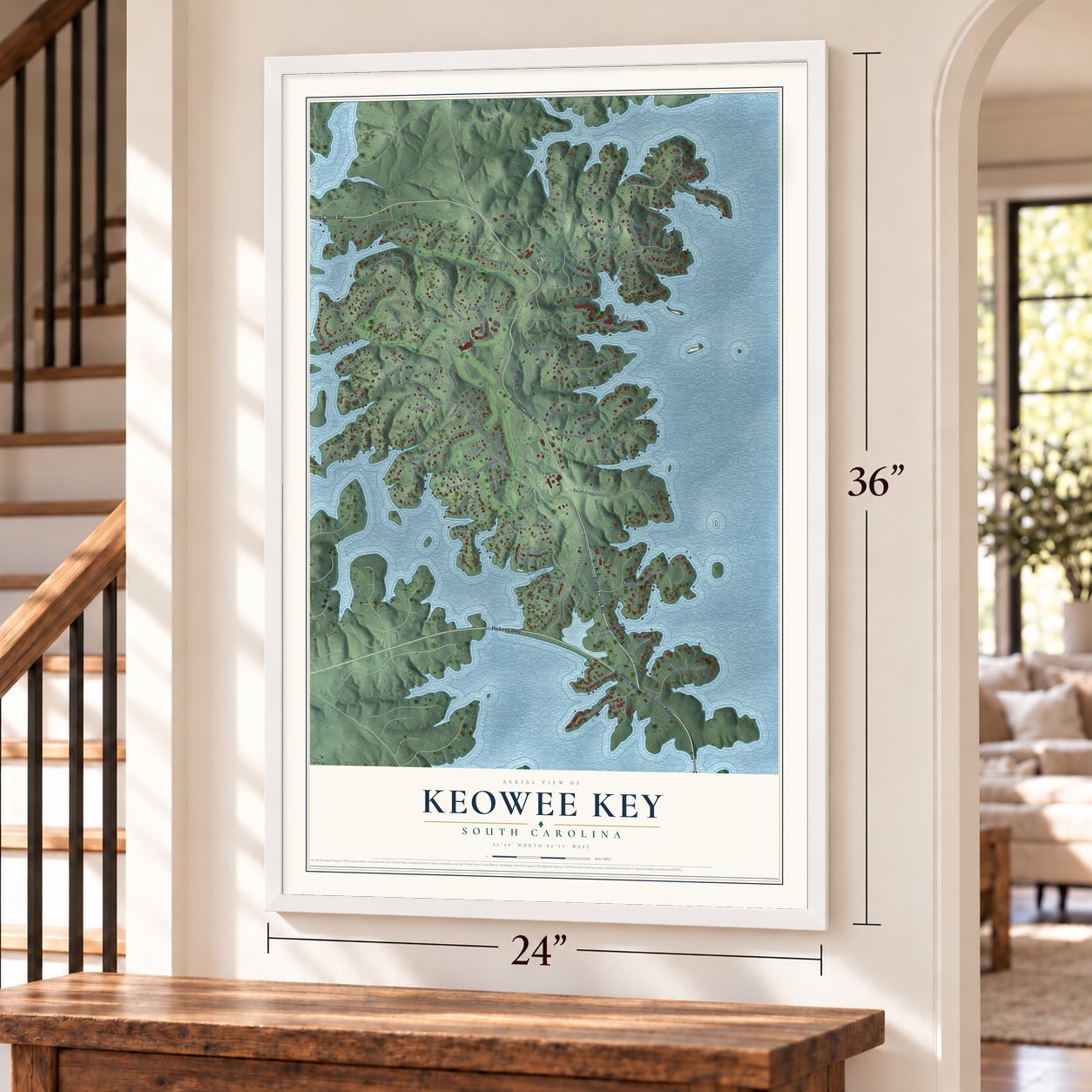 Keowee Key, South Carolina map, 24 x 36 inch print in a white frame by a staircase
