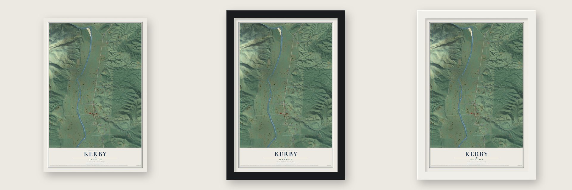 Kerby, Oregon map unframed, in a black wood frame and in a white wood frame