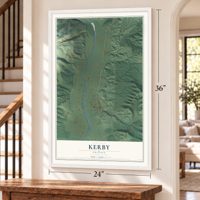 Kerby, Oregon map, 24 x 36 inch print in a white frame by a staircase