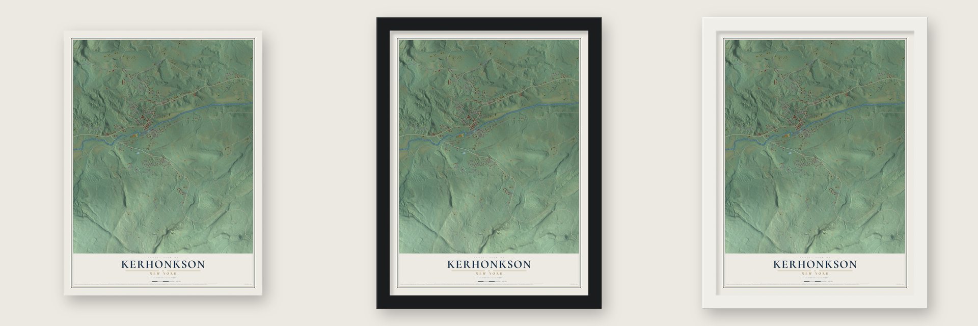 Kerhonkson, New York map unframed, in a black wood frame and in a white wood frame