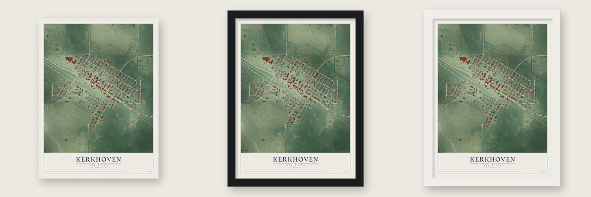 Kerkhoven, Minnesota map unframed, in a black wood frame and in a white wood frame
