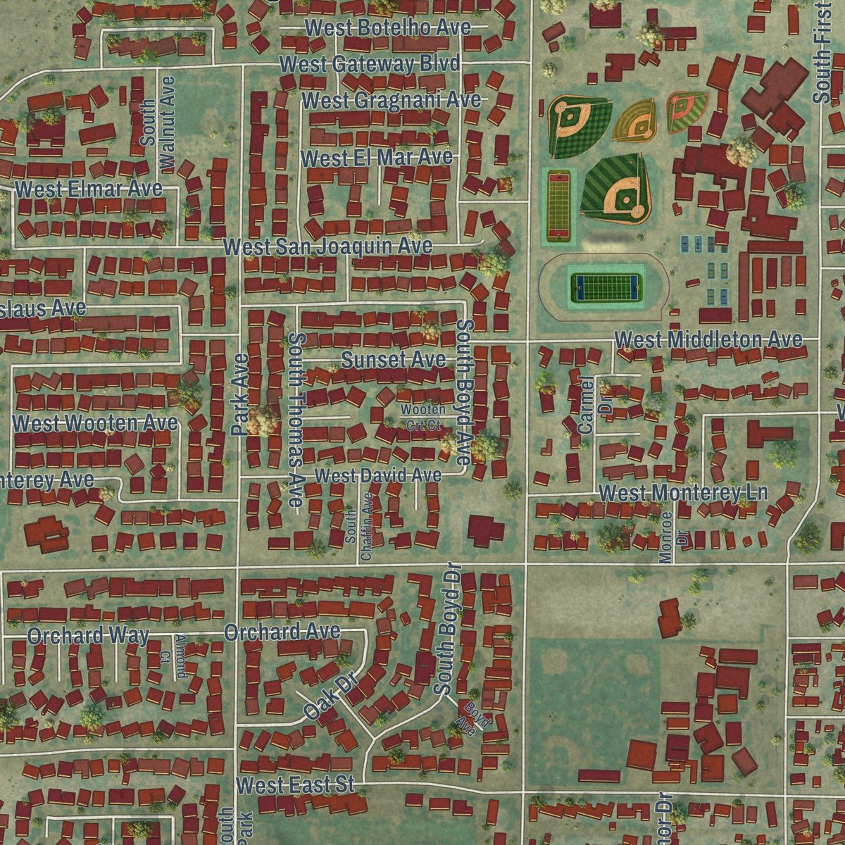 Second close-up of the map of Kerman, California print showing more streets and buildings