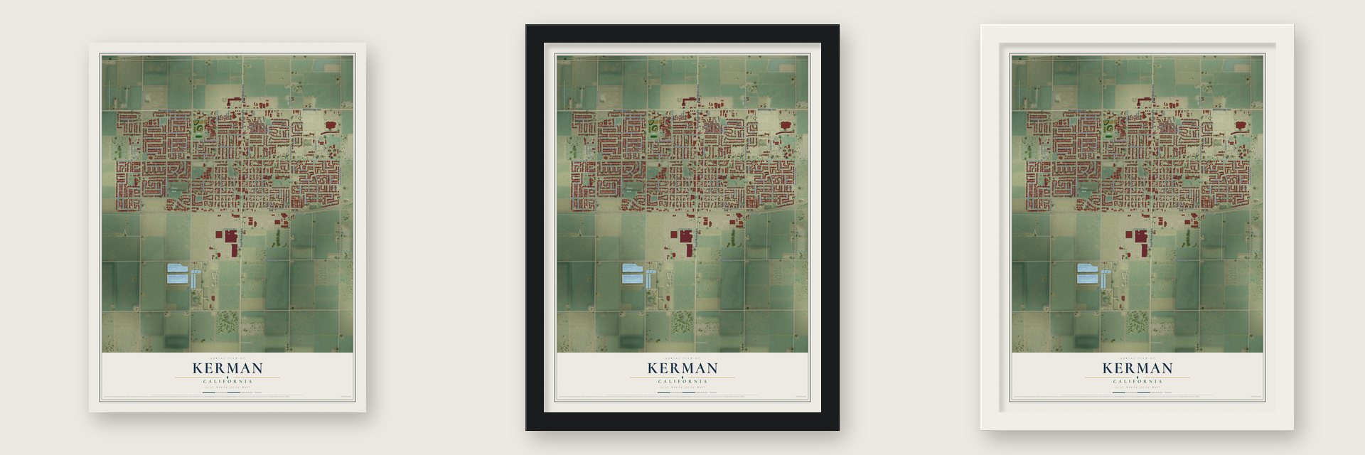 Kerman, California map unframed, in a black wood frame and in a white wood frame