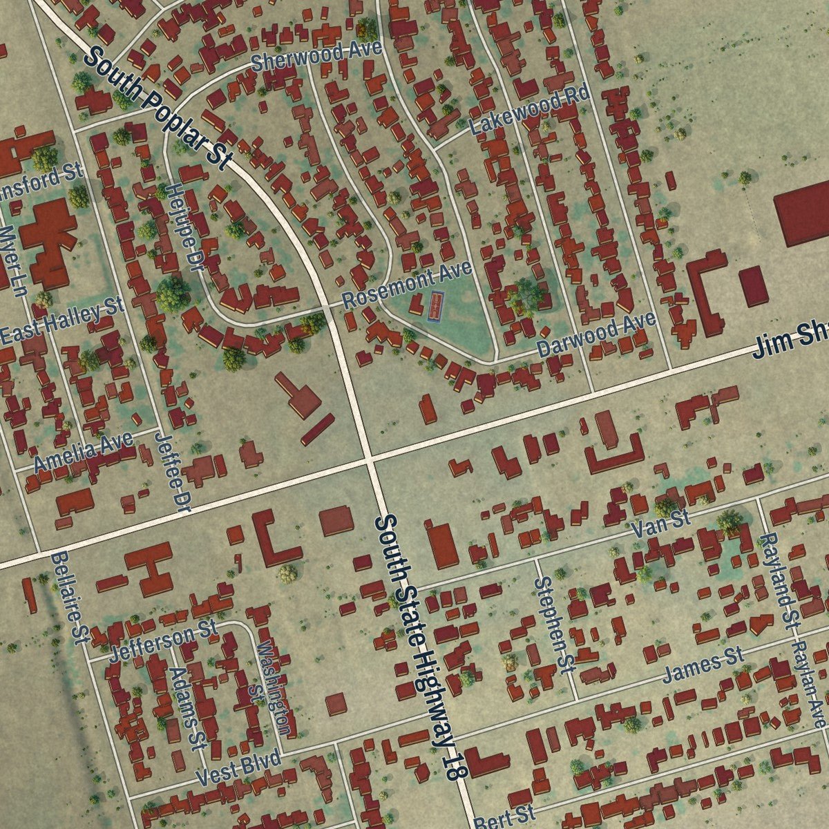 Second close-up of the map of Kermit, Texas print showing more streets and buildings