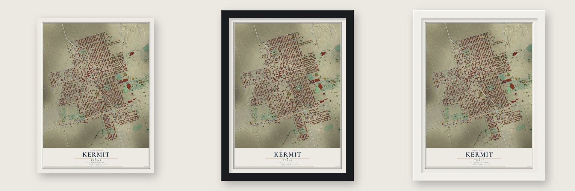 Kermit, Texas map unframed, in a black wood frame and in a white wood frame