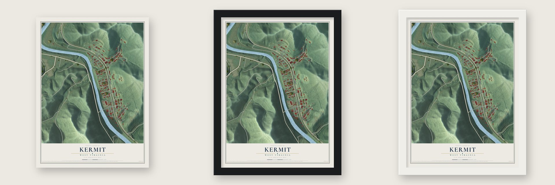 Kermit, West Virginia map unframed, in a black wood frame and in a white wood frame