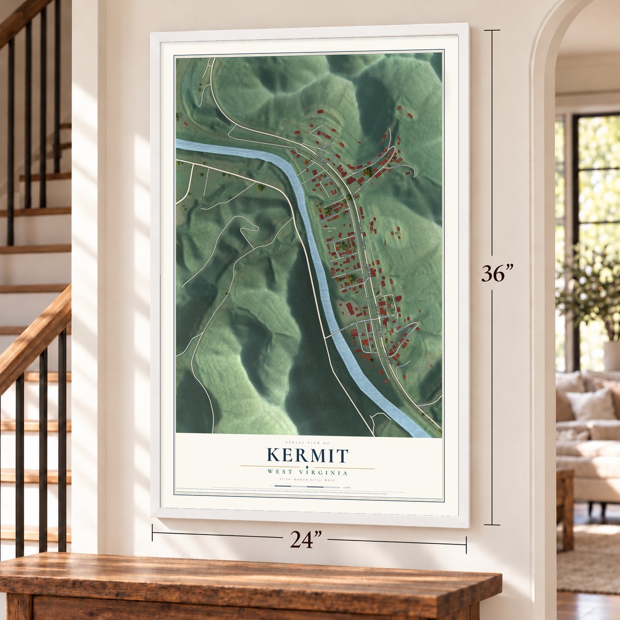 Kermit, West Virginia map, 24 x 36 inch print in a white frame by a staircase