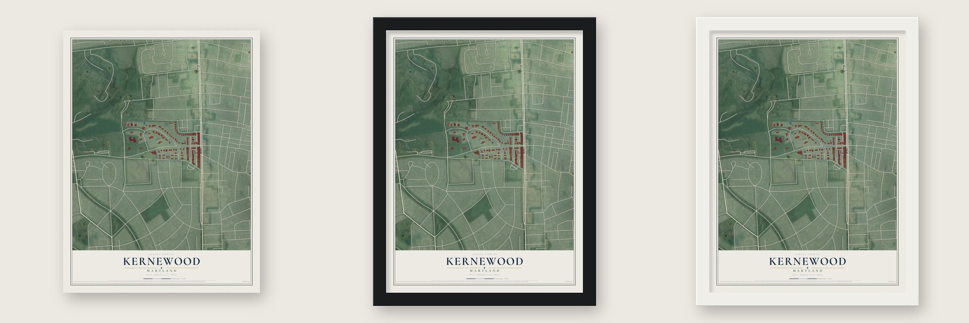 Kernewood, Maryland map unframed, in a black wood frame and in a white wood frame