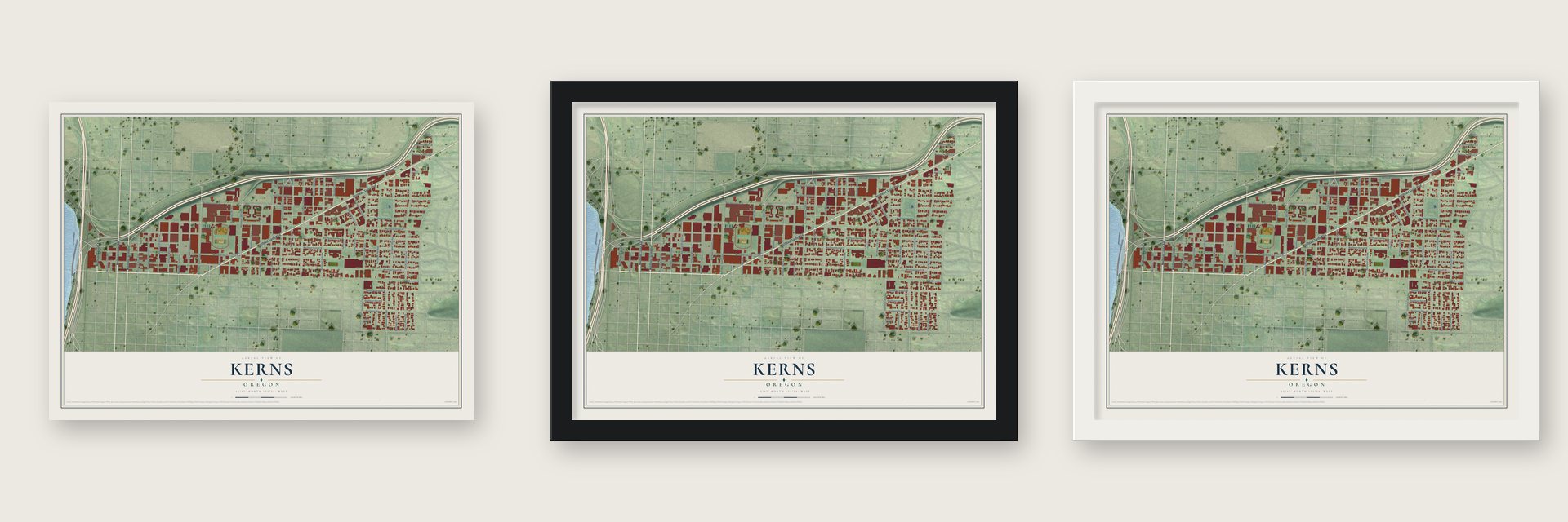 Kerns, Oregon map unframed, in a black wood frame and in a white wood frame