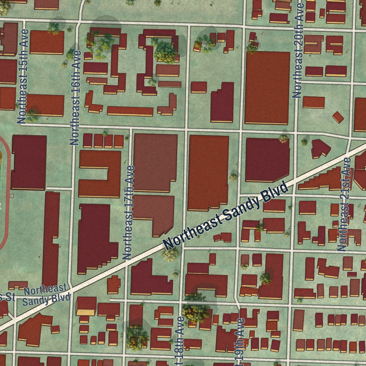 Second close-up of the map of Kerns, Oregon print showing more streets and buildings