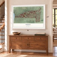 Kerns, Oregon map, 24 x 36 inch print in a white frame above a dresser by a staircase
