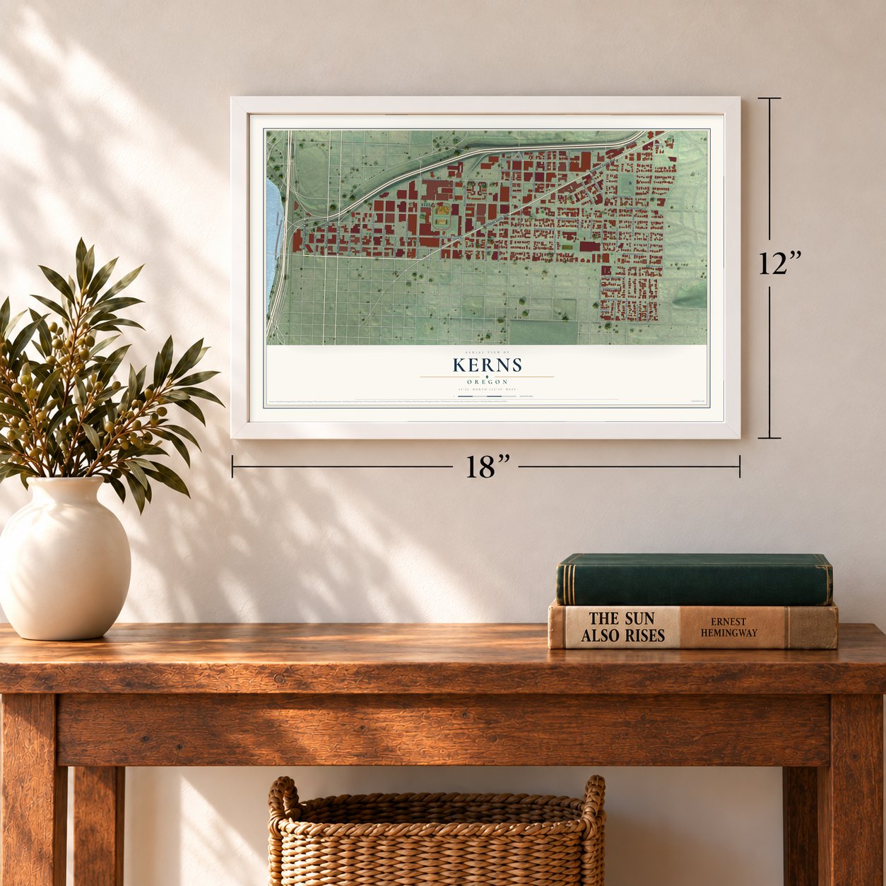 Kerns, Oregon map, 12 x 18 inch print in a white frame in an entryway