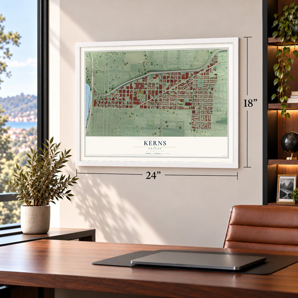 Kerns, Oregon map, 18 x 24 inch print in a white frame in a home office