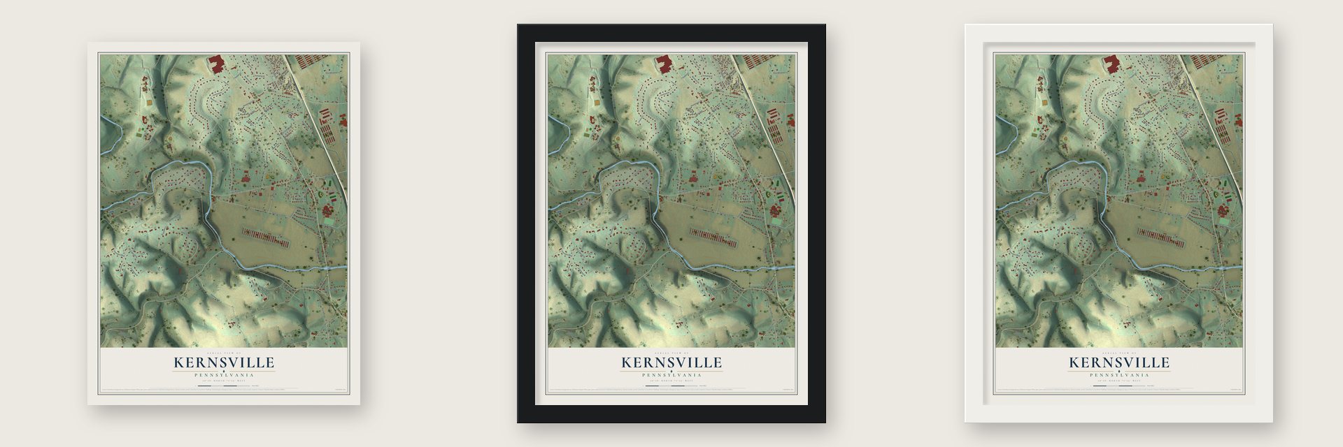Kernsville, Pennsylvania map unframed, in a black wood frame and in a white wood frame