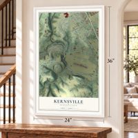 Kernsville, Pennsylvania map, 24 x 36 inch print in a white frame by a staircase