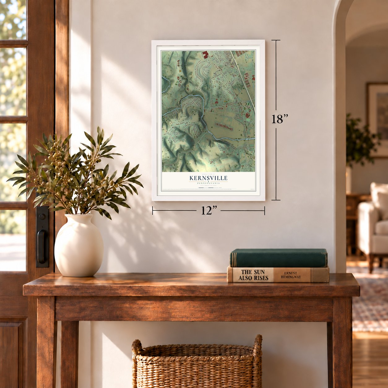 Kernsville, Pennsylvania map, 12 x 18 inch print in a white frame in an entryway