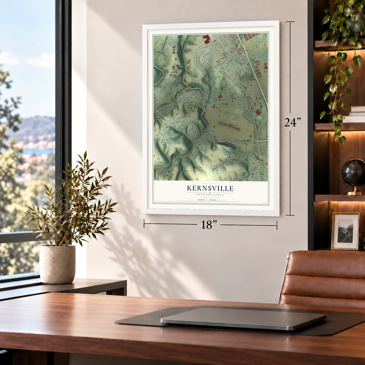 Kernsville, Pennsylvania map, 18 x 24 inch print in a white frame in a home office